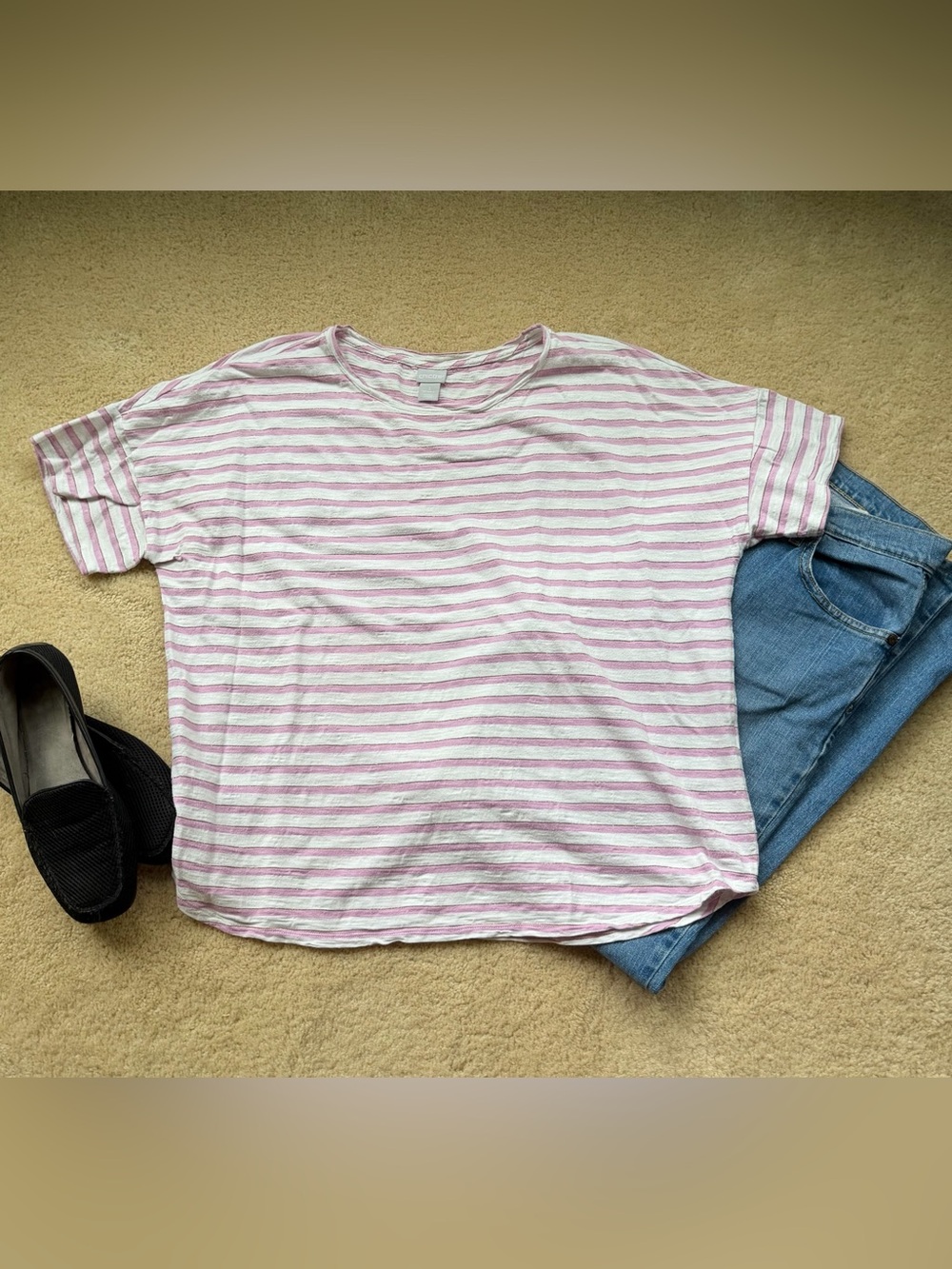 Chico’s White & Pink Striped Tee Shirt - Size 3 (XL) - VGUC - Cap Sleeves